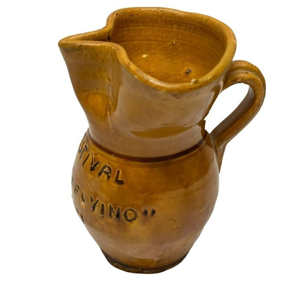 Vintage 1960s Small Brown Pottery Pitcher Brindisi Wine Festival Handmade